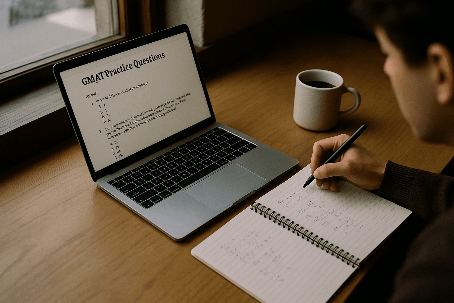Laptop with GMAT prep questions and a notebook with math notes