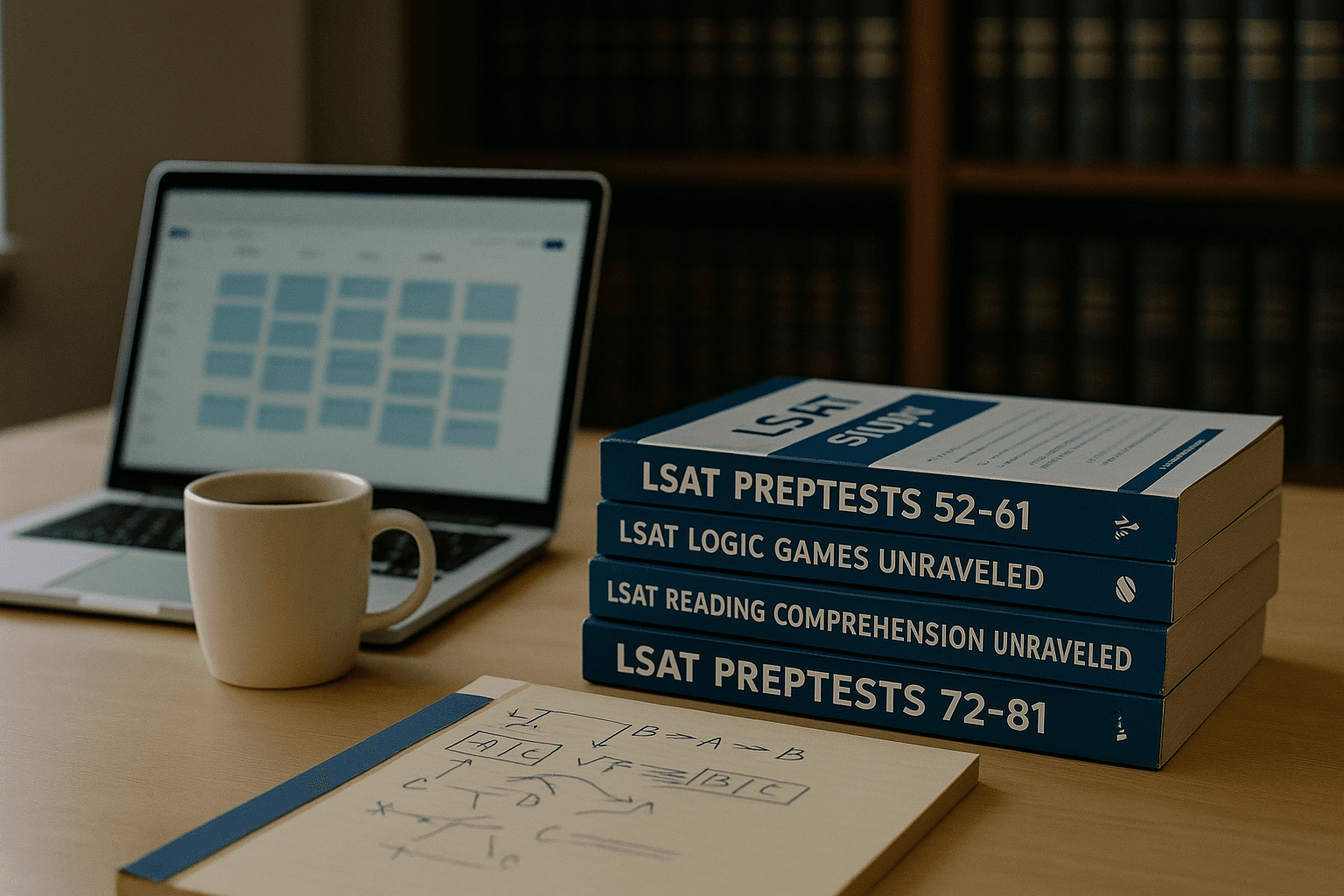 Stack of LSAT prep books with an open laptop showing a study schedule.