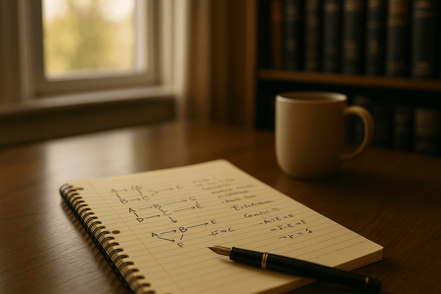 Spiral notebook with LSAT diagrams and a coffee mug by a window