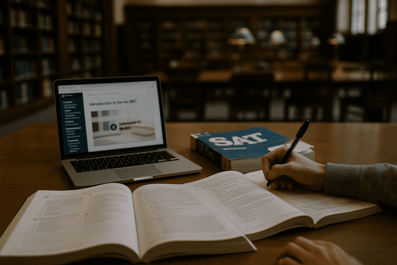 SAT prep materials on a desk with a laptop and open books