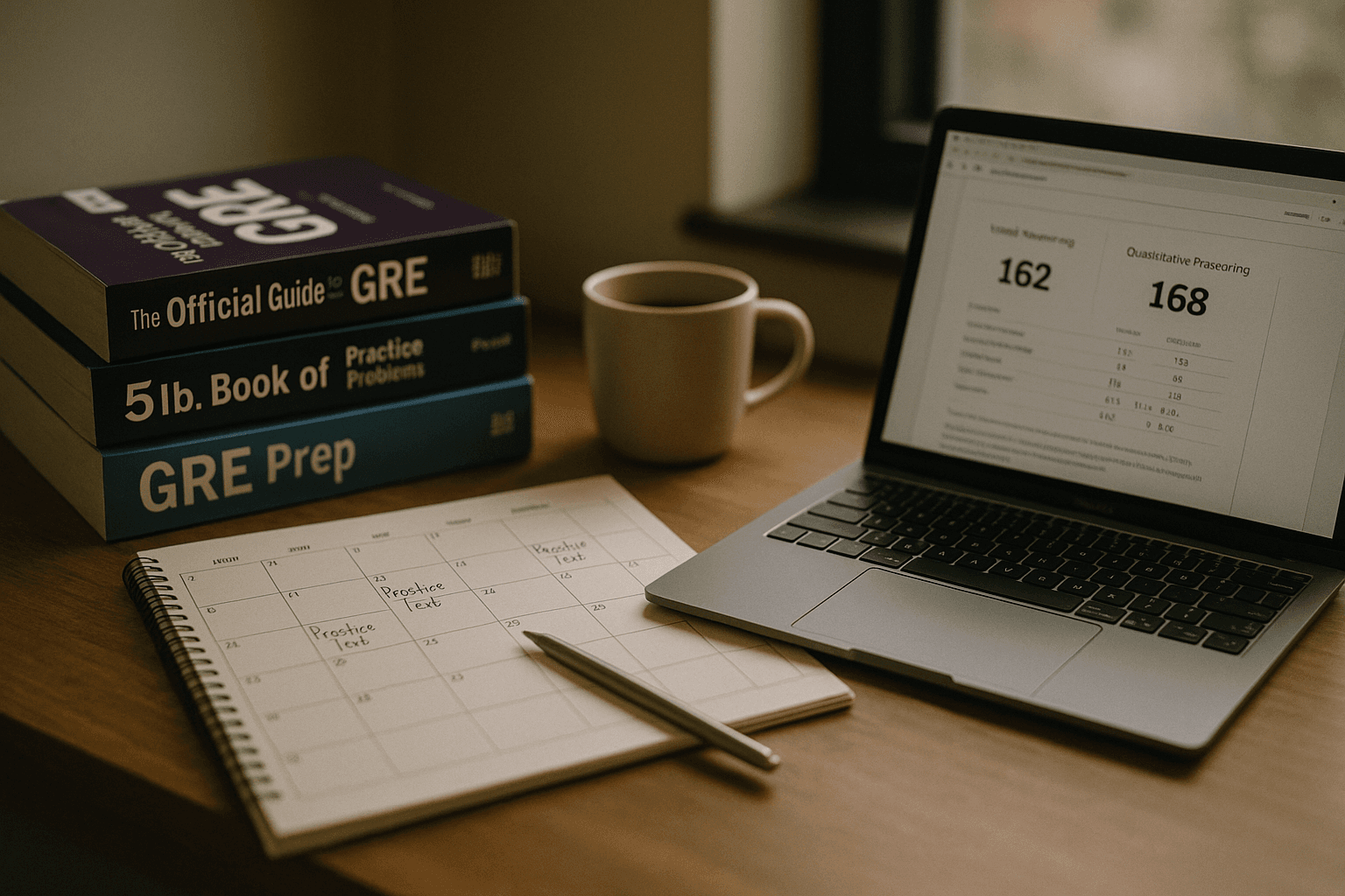 Study desk with GRE prep books, calendar, and laptop showing test results