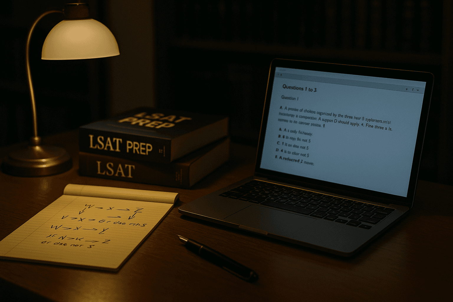 A desk showing LSAT prep materials and a practice test setup.