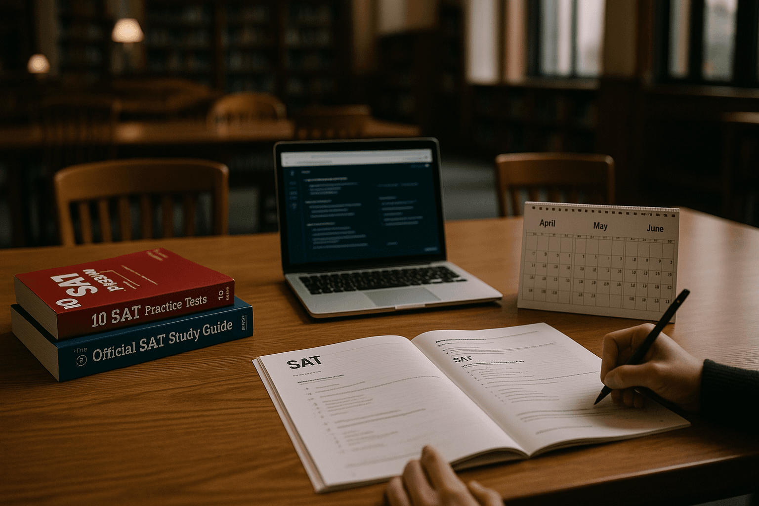 Desk with SAT study materials and a timeline calendar.