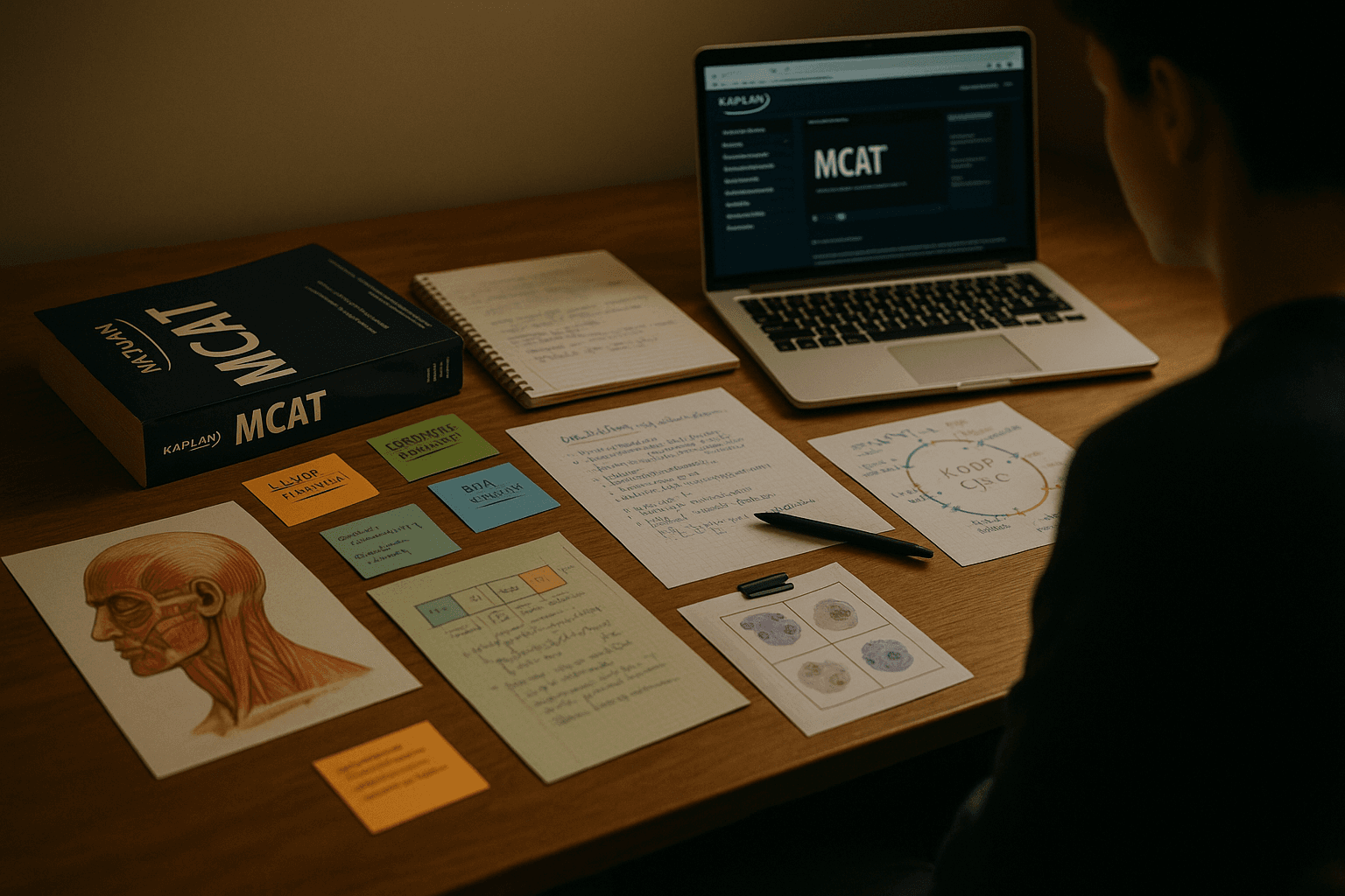 MCAT prep desk with Kaplan materials and a laptop.