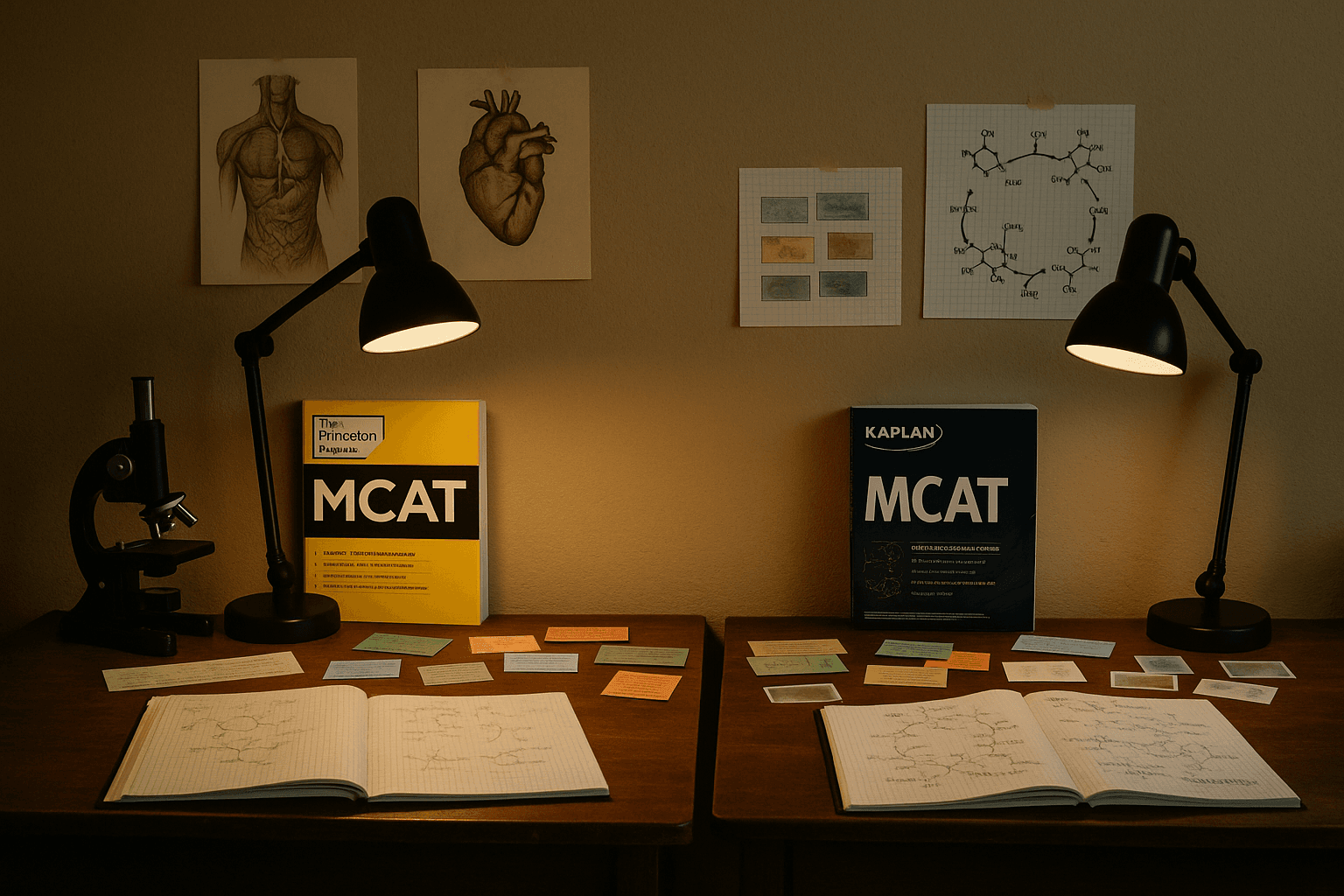 Study desks with Princeton Review and Kaplan MCAT preparation materials.