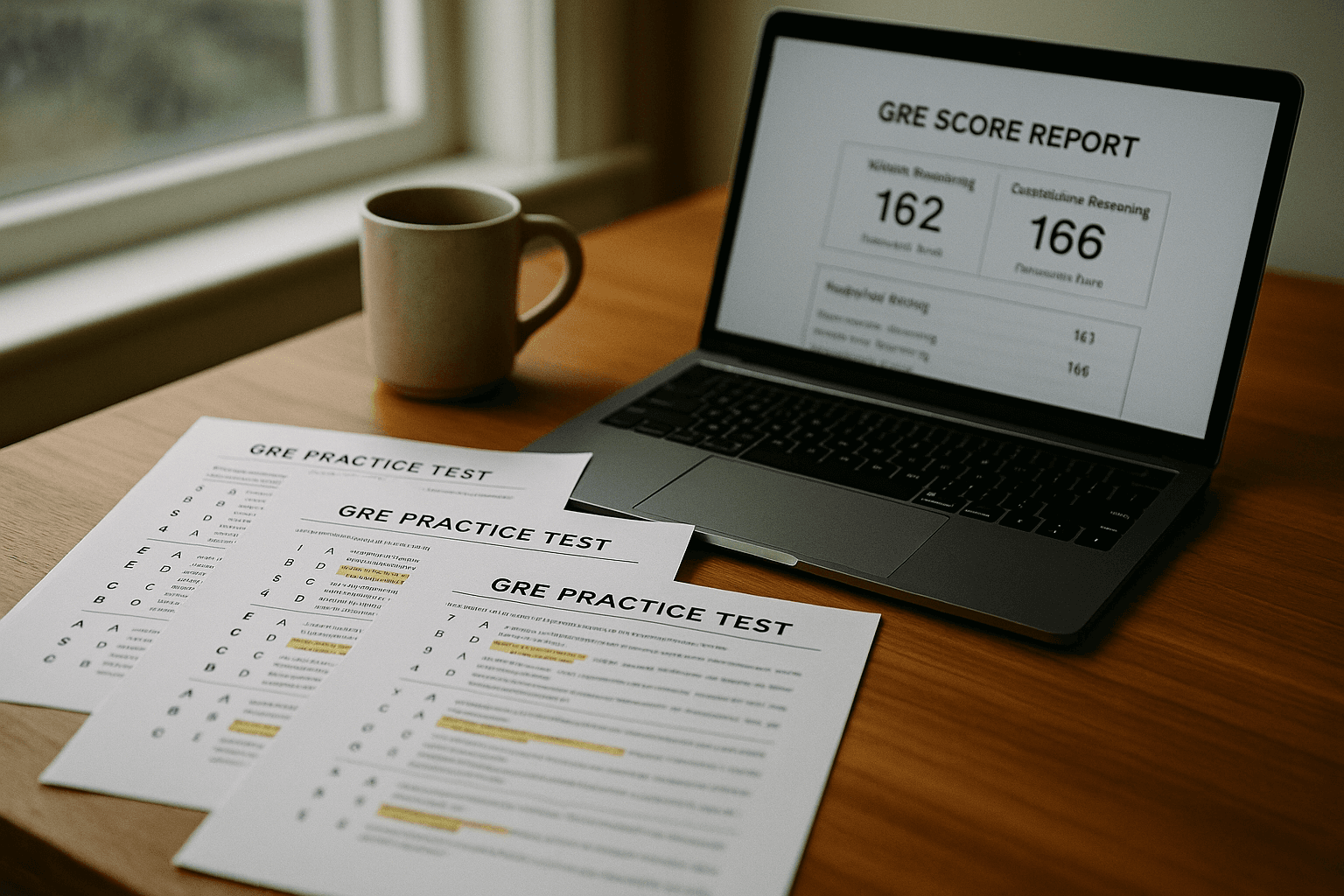 GRE practice tests and score reports on a desk with a laptop.