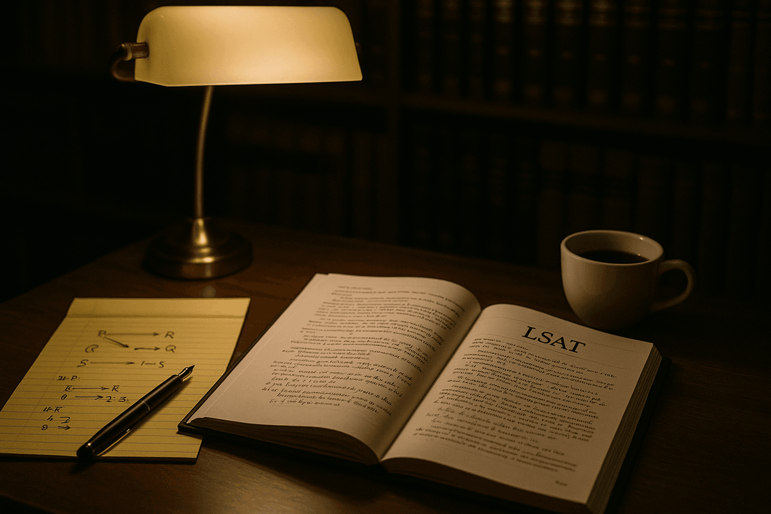 Desk with LSAT guide, notes, mug, and study lamp
