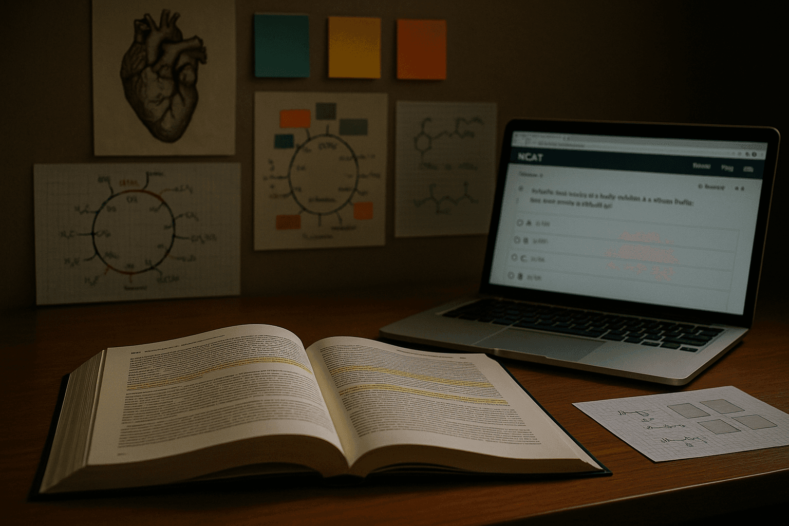 MCAT prep book and laptop with practice questions on a study desk
