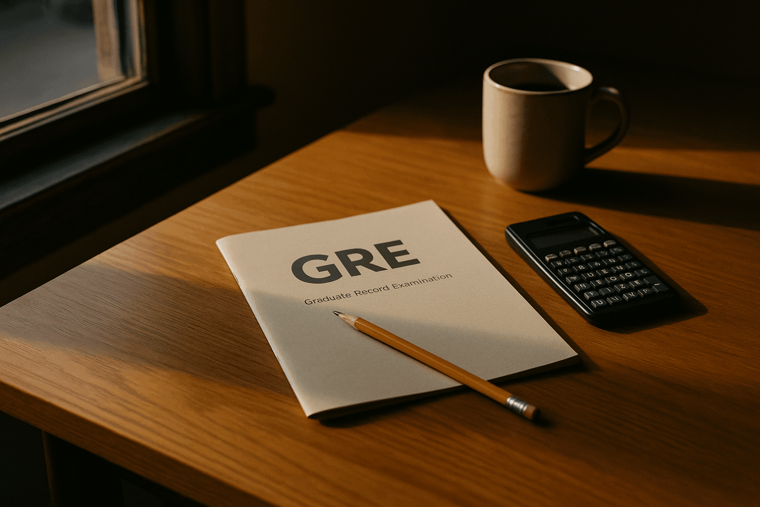 GRE exam booklet, calculator, pencil on a wooden desk in natural light