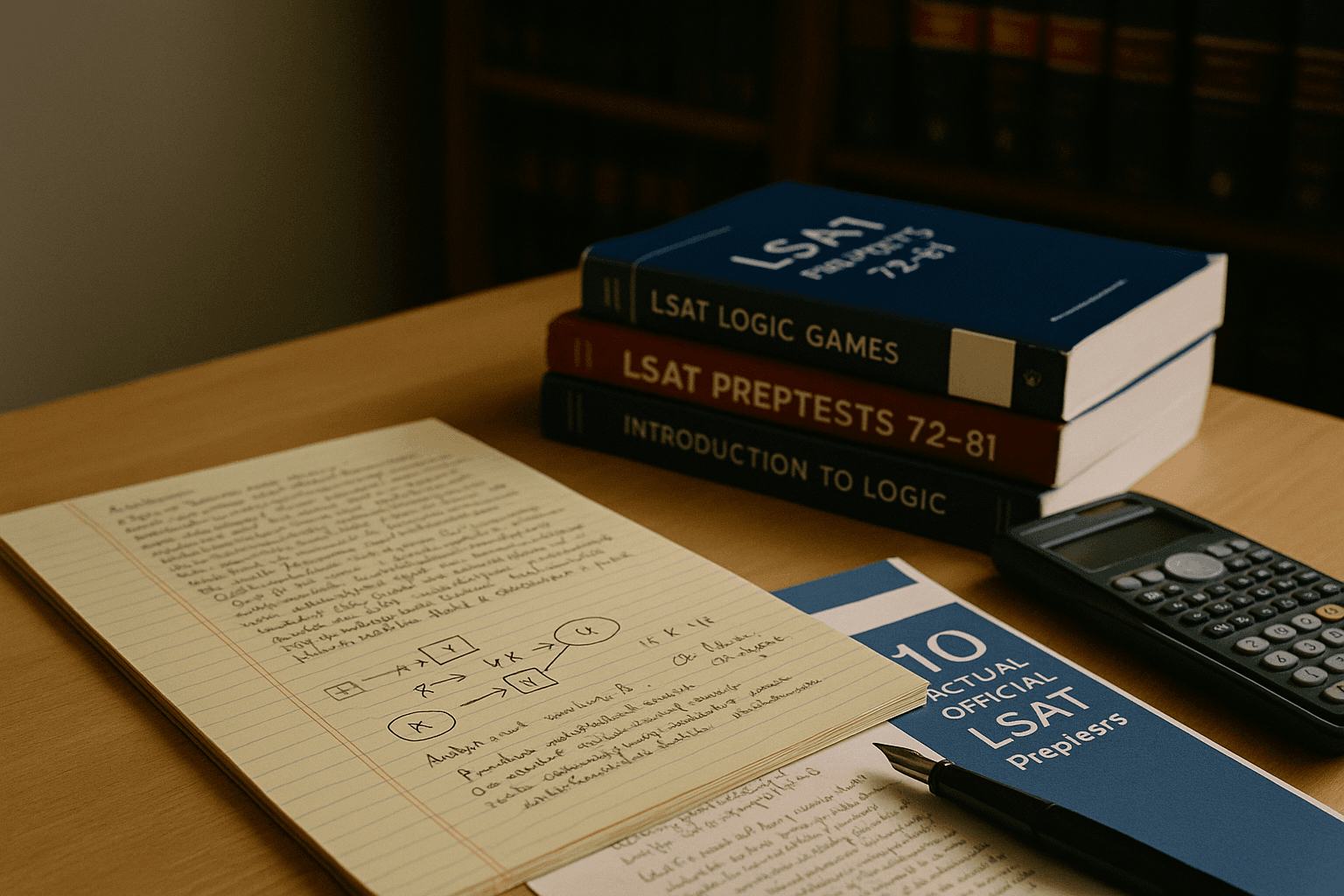 LSAT prep materials and calculator on a desk